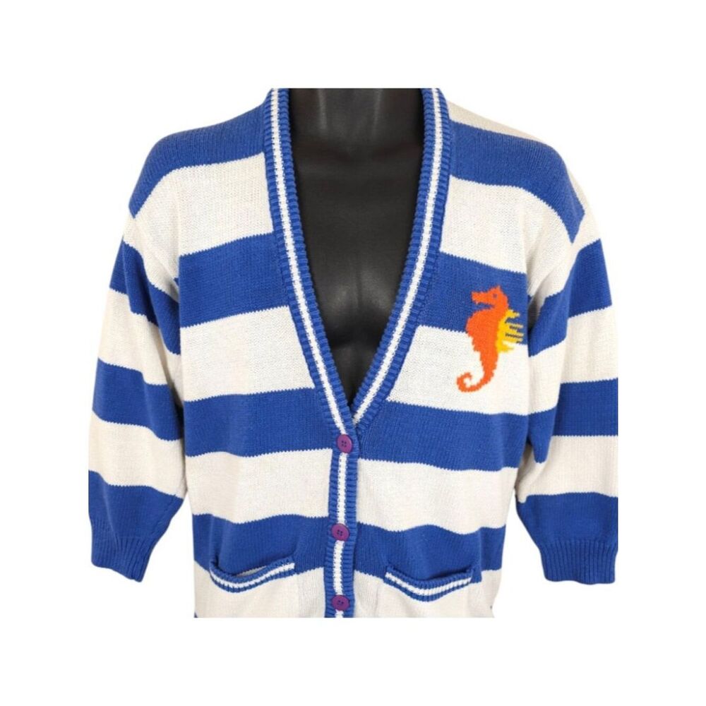 Vintage Seahorse Cardigan Sweater Womens Size Petite Blue 90s Striped